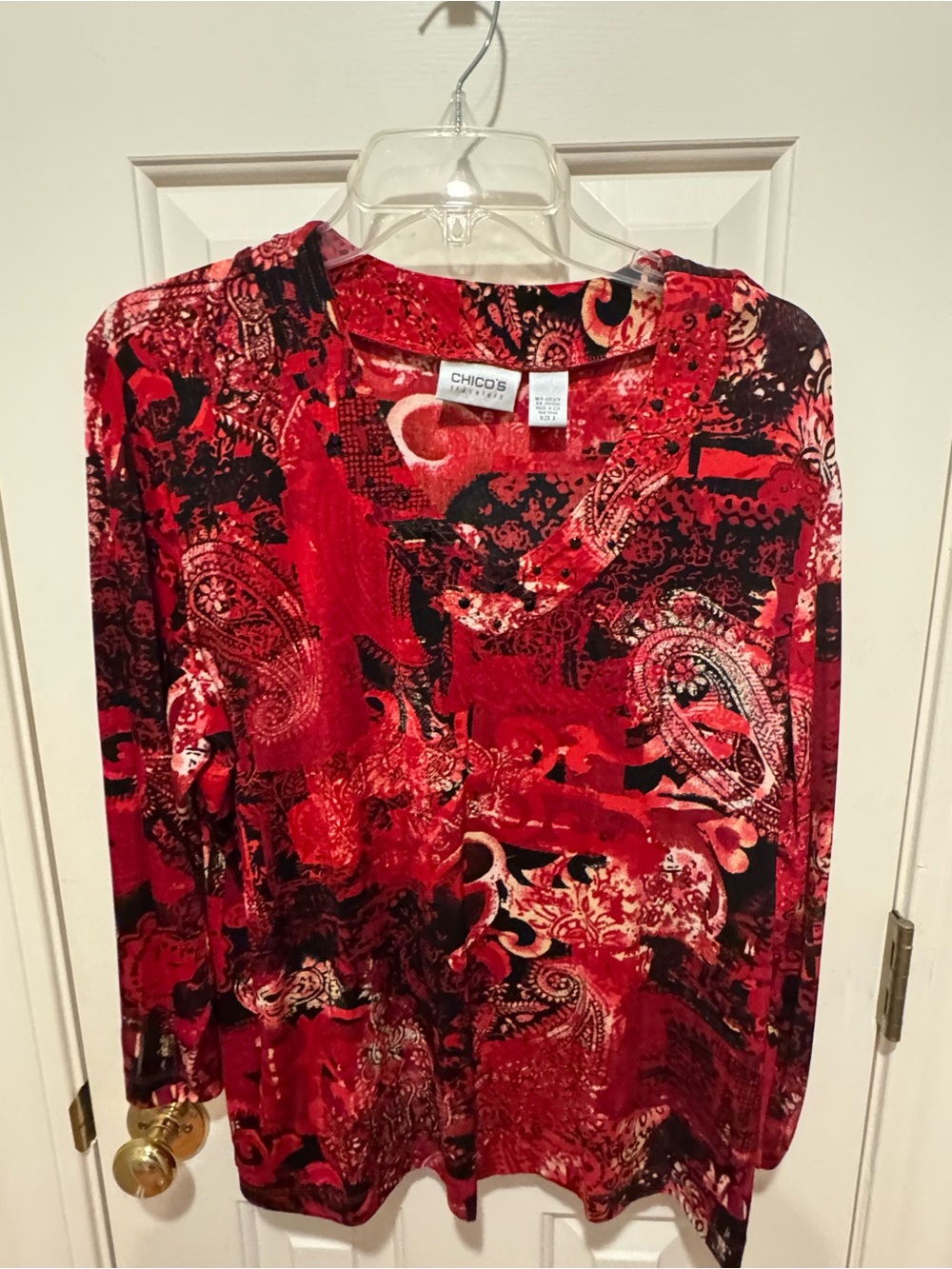 Chico's Red Paisley-Print Long Sleeve V-Neck Dress